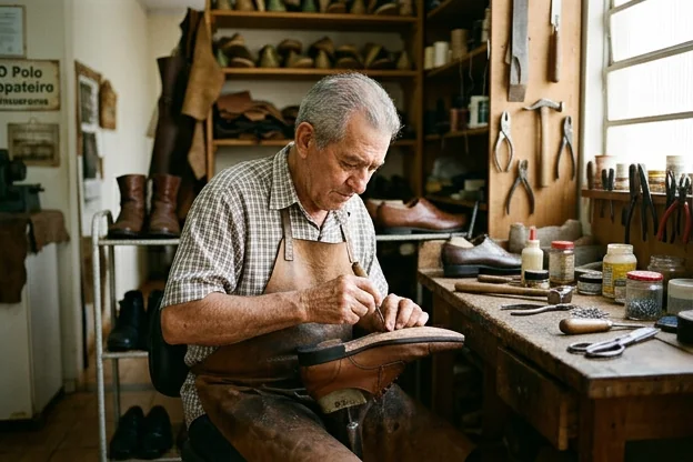 Profissional reformando um sapato social em Umuarama.