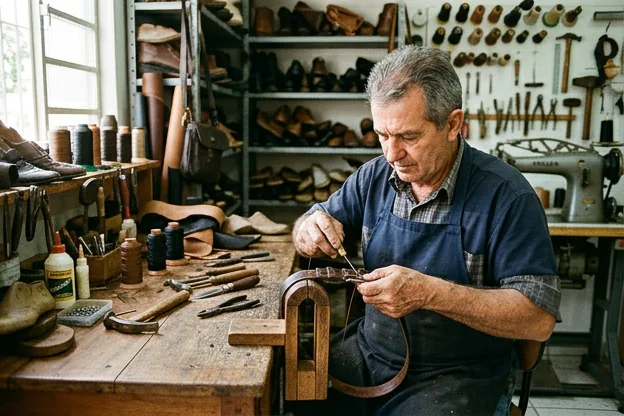 Profissional consertando um cinto de couro em Umuarama.