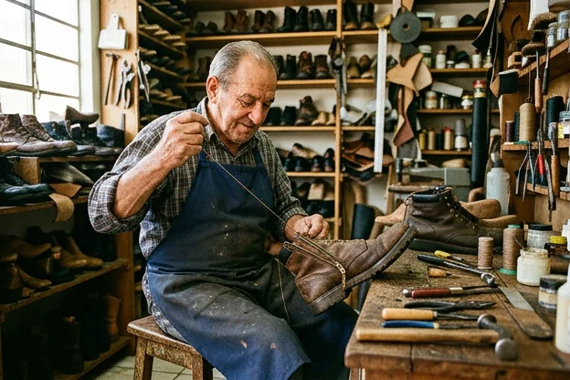 Profissional consertando o zíper de uma bota em Umuarama.