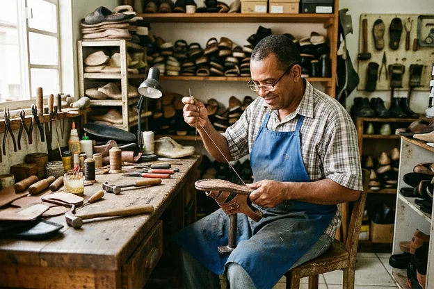 Profissional consertando uma sandália em Umuarama.