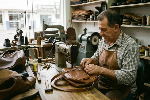 Profissional reformando uma bolsa de couro em Umuarama.